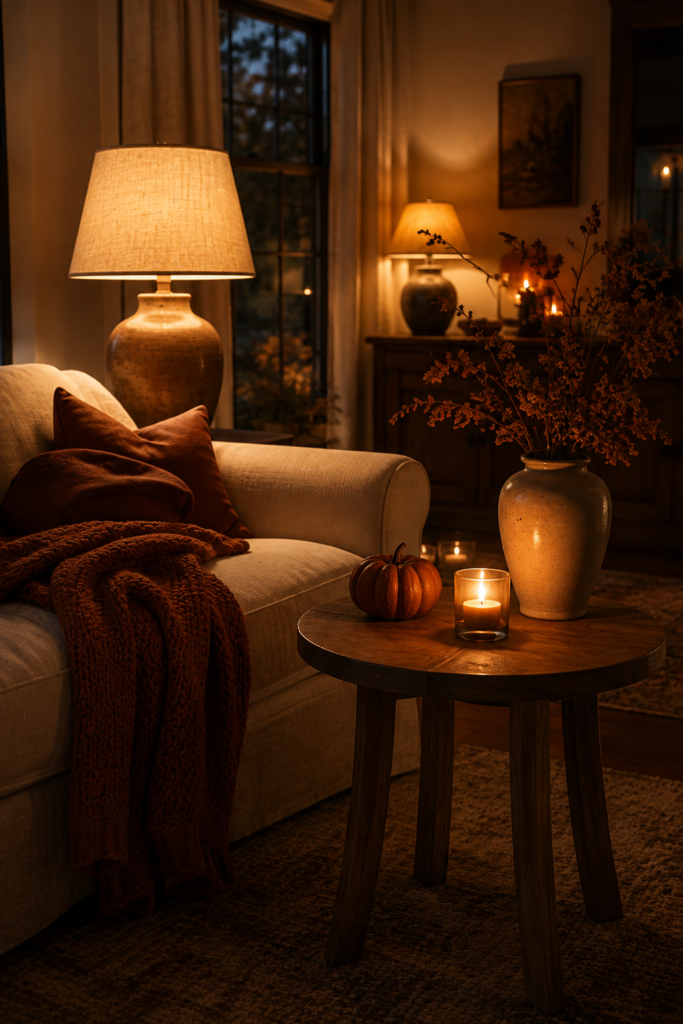 Cozy fall living room at evening with warm lamps, candles, cream seating, rust textiles, and subtle autumn decor.