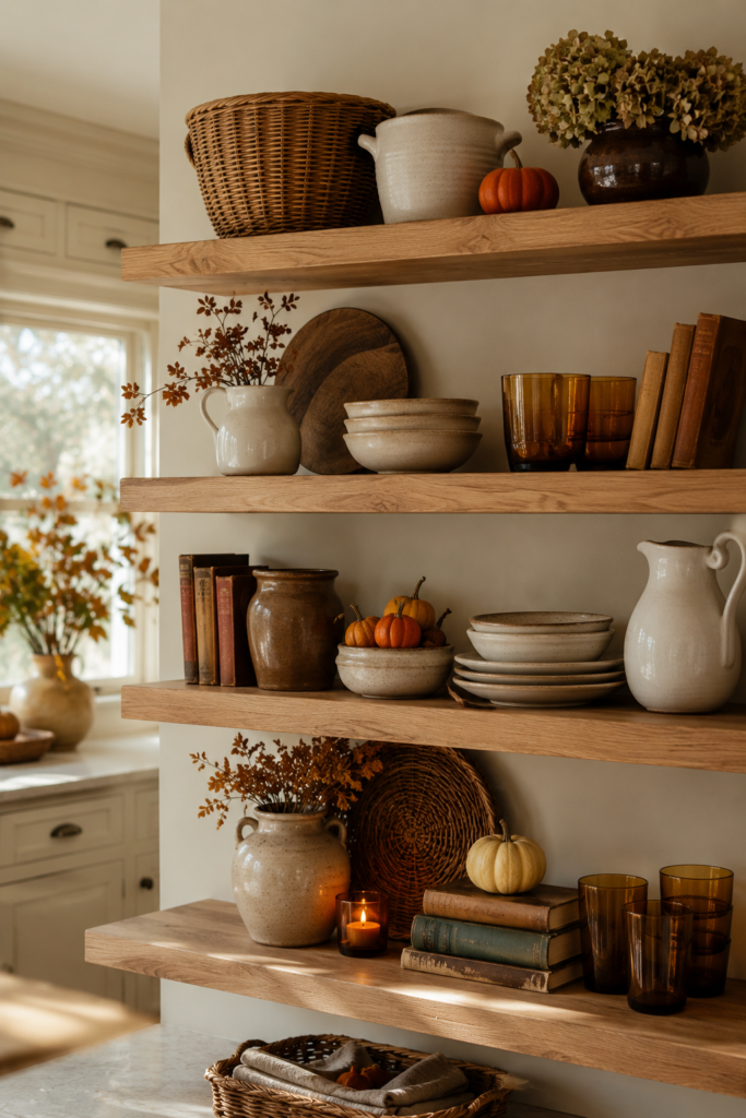 Open wooden kitchen shelves decorated with cream ceramics, amber glassware, books, muted pumpkins, and dried fall stems.