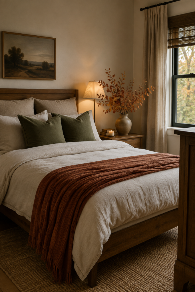 Cozy fall bedroom with cream linen bedding, rust and olive accents, warm wood furniture, and dried autumn stems.