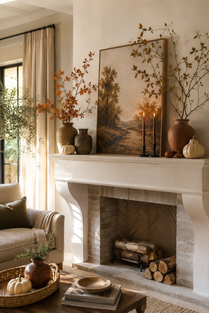 Elegant fall fireplace mantel decorated with autumn branches, muted pumpkins, ceramic vessels, artwork, and candles.