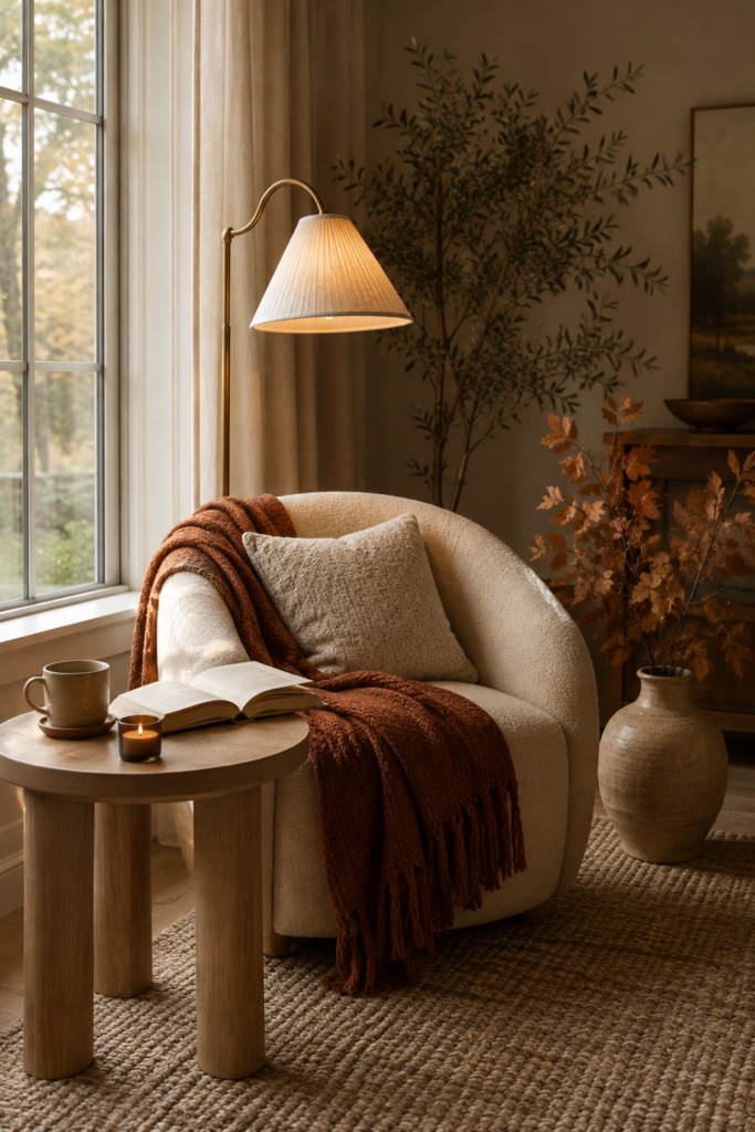 Cozy fall reading corner with a curved chair, rust throw, oak side table, open book, warm lamp, and autumn branches.