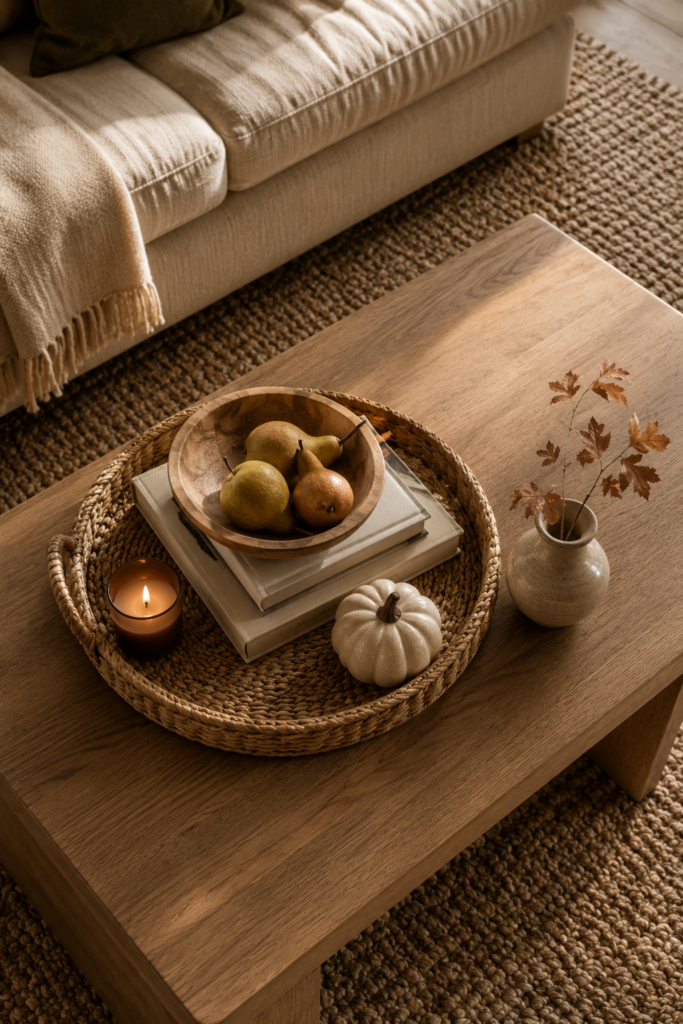 Natural wood coffee table styled for fall with pears, ceramic pumpkin, candle, books, and a woven tray.