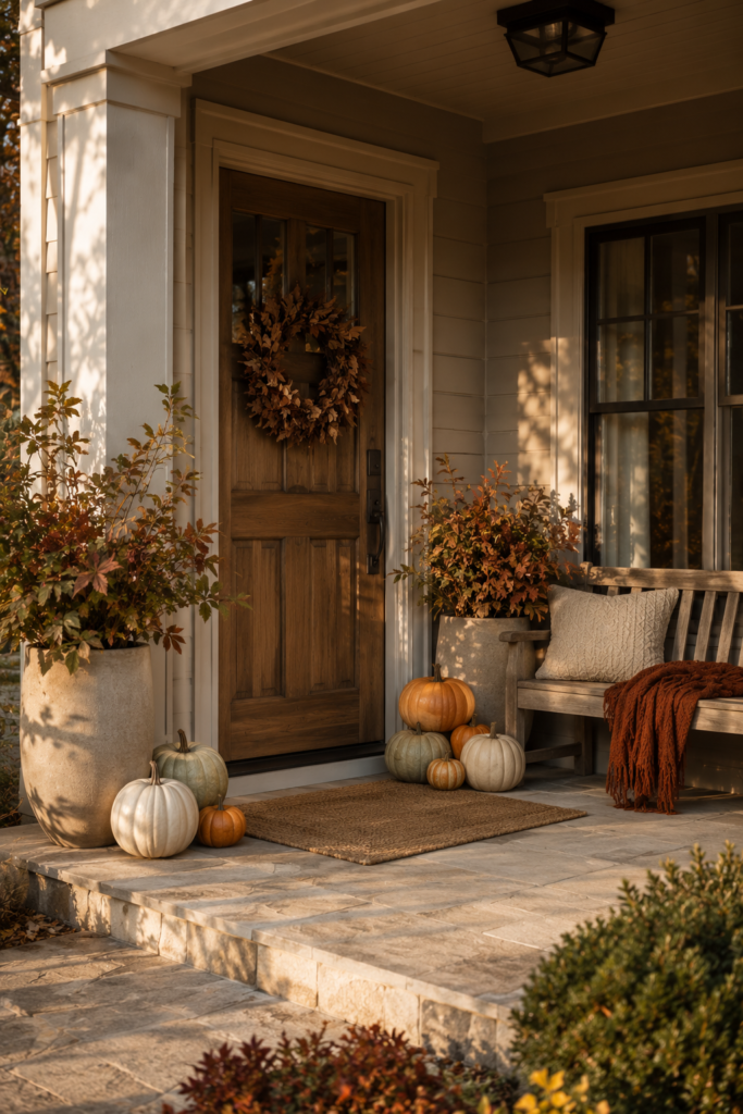 Elegant fall front porch with muted pumpkins, autumn planters, a simple wreath, wooden bench, and natural textures.