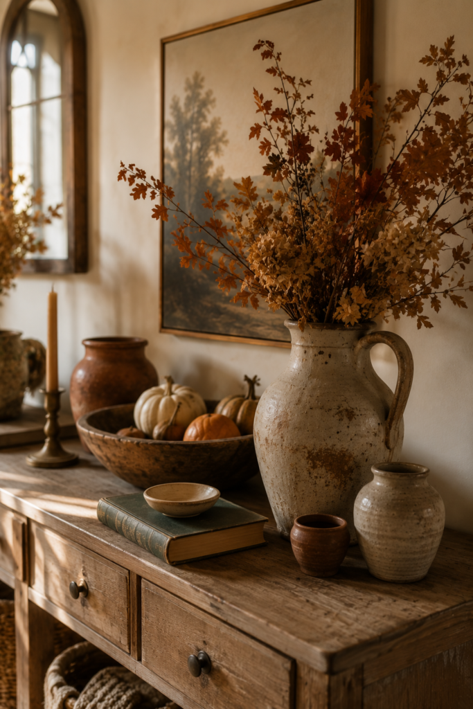 Collected fall decor vignette with vintage pottery, handmade ceramics, wooden bowl, dried branches, books, and brass accents.