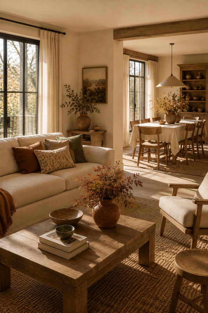 Warm American interior using cream, natural wood, muted rust, olive, caramel, and terracotta tones for a sophisticated fall look.