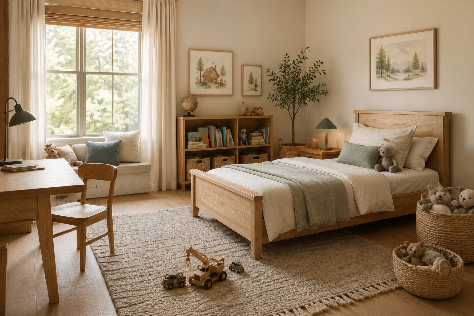 Cozy and stylish kids bedroom with natural wood furniture, soft bedding, reading nook, toy baskets, artwork, and a small desk in a warm American home.