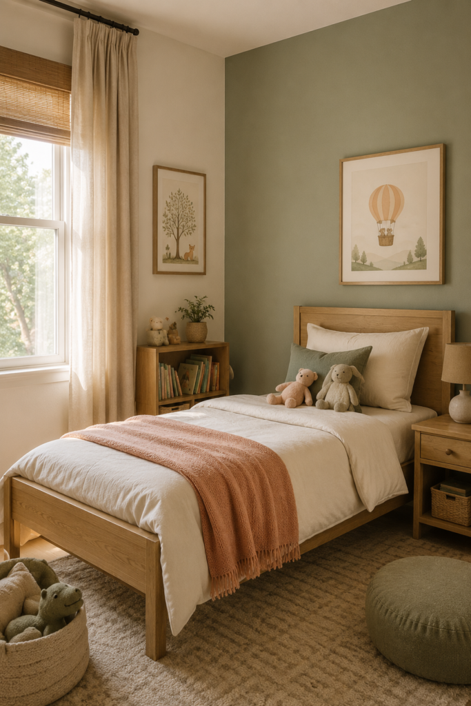 Cozy kids bedroom with soft sage, cream, and muted peach colors, natural wood furniture, layered bedding, and subtle playful decor.
