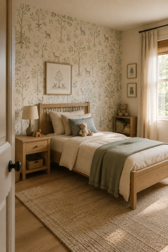 Kids bedroom with a subtle woodland accent wall, light oak bed, cream bedding, woven baskets, and muted natural colors.