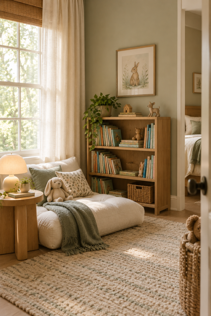 Cozy kids reading nook with a low bookshelf, children's books, floor cushion, wooden table, soft rug, and natural window light.