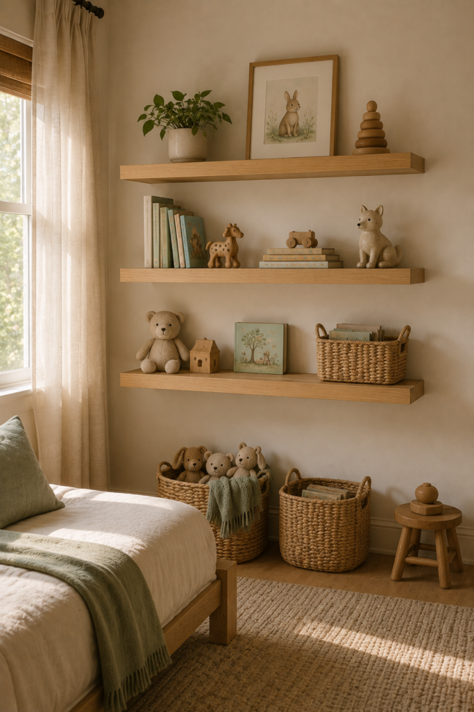 Open oak shelves in a kids bedroom styled with books, wooden toys, framed artwork, a small plant, and woven baskets.