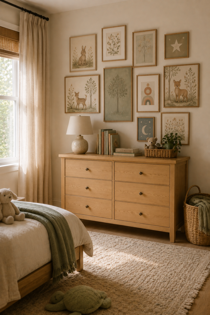 Playful kids bedroom gallery wall with framed animal and botanical artwork above a natural wood dresser.