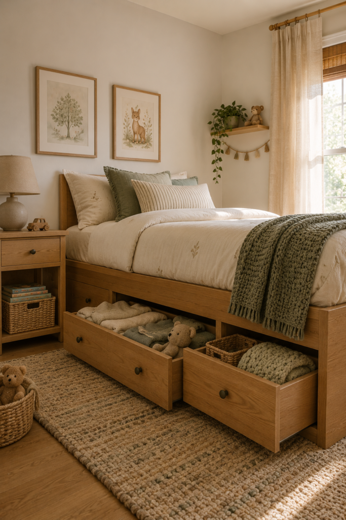Kids bedroom with a natural oak storage bed featuring practical drawers beneath the bed, cream bedding, and simple decor.