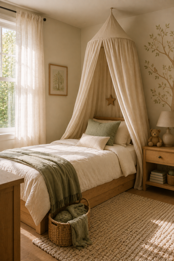 Cozy kids bedroom with an ivory linen canopy over a natural wood bed, cream bedding, and soft muted accents.