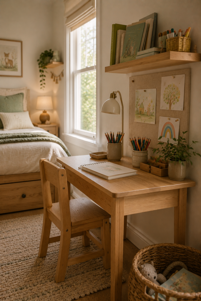 Small kids bedroom art and homework station with a light oak desk, children's drawings, art supplies, books, and window light.