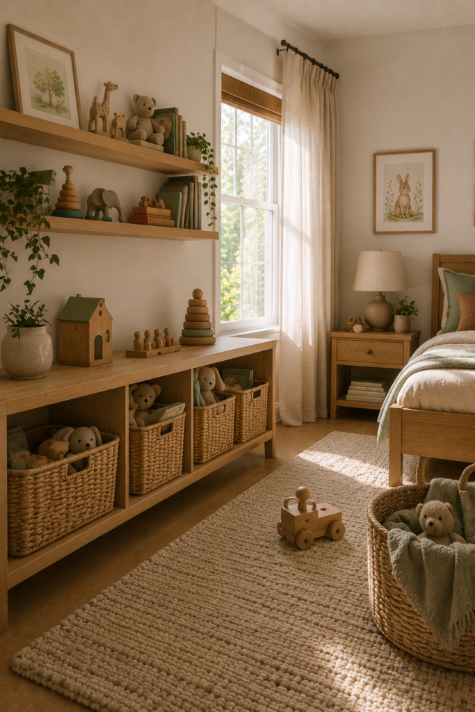 Organized kids bedroom with natural oak storage, woven toy baskets, books, wooden toys, and a mostly clear floor.