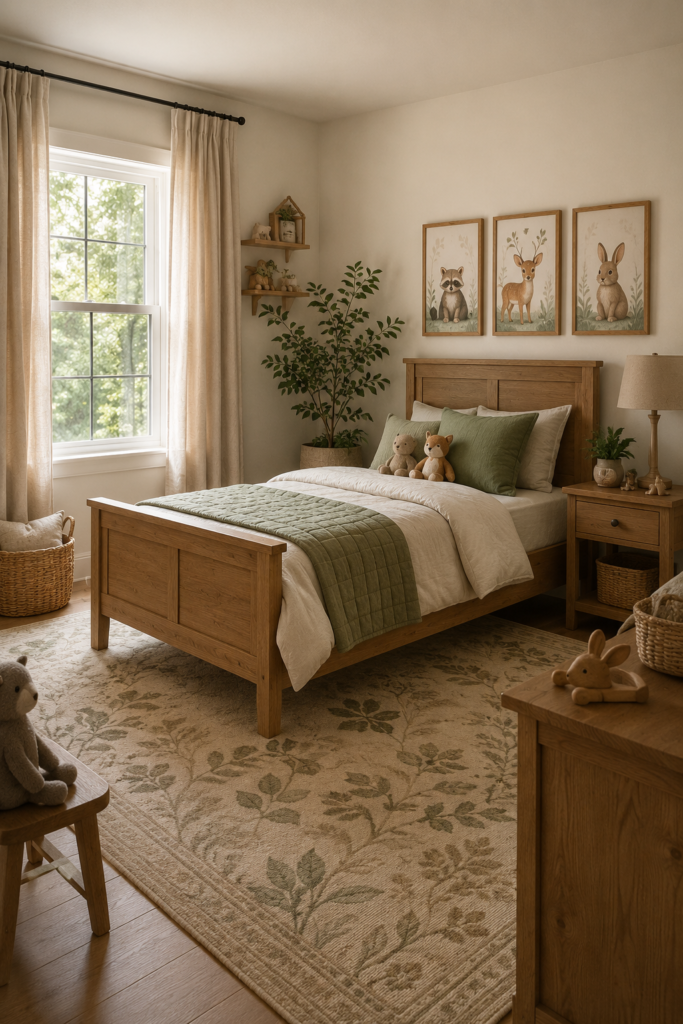 Nature-inspired kids bedroom with natural oak furniture, cream bedding, sage accents, woodland artwork, woven baskets, and plants.