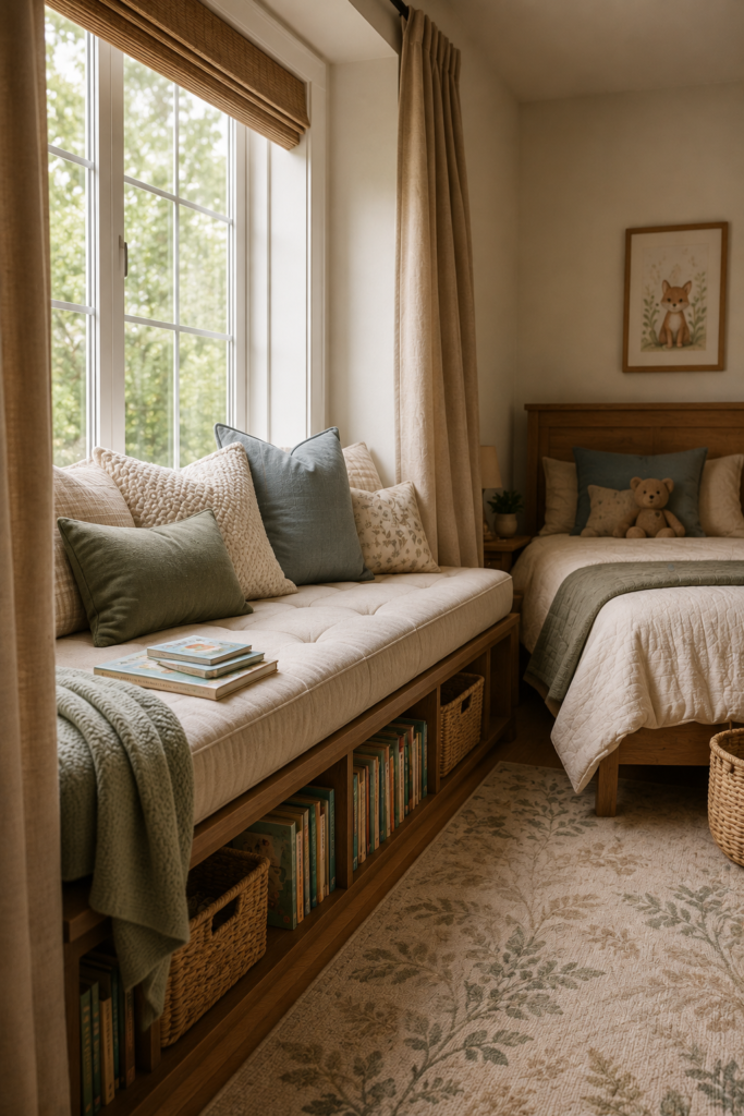 Cozy kids bedroom window seat with a cream cushion, soft pillows, children's books, wooden shelving, and natural light.