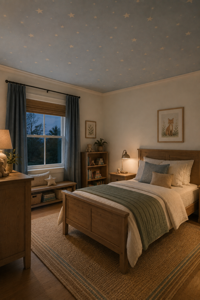 Kids bedroom with a softly painted pale blue ceiling featuring subtle stars, natural wood furniture, cream bedding, and cozy decor.