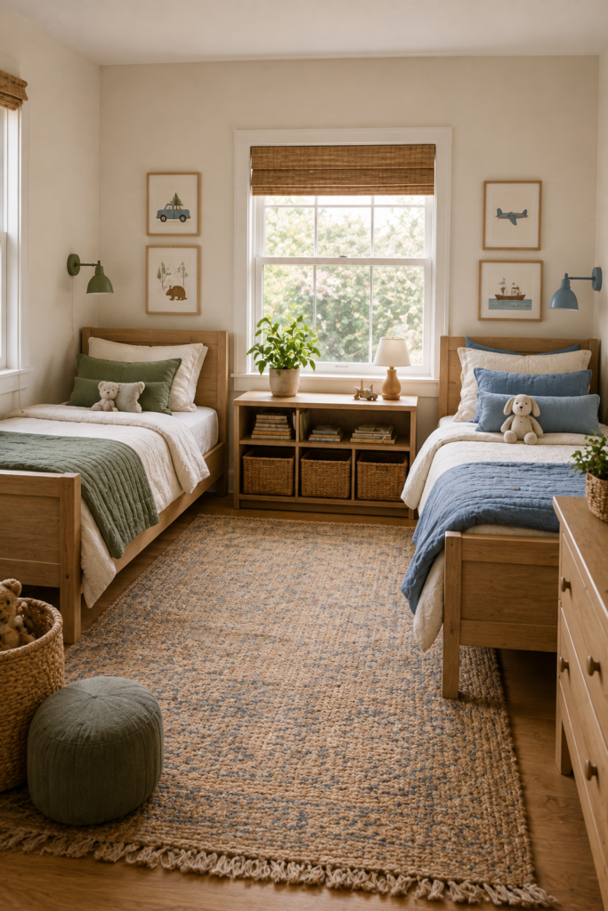 Shared kids bedroom with two natural oak twin beds, cream bedding, individual accents, woven rug, and practical storage.