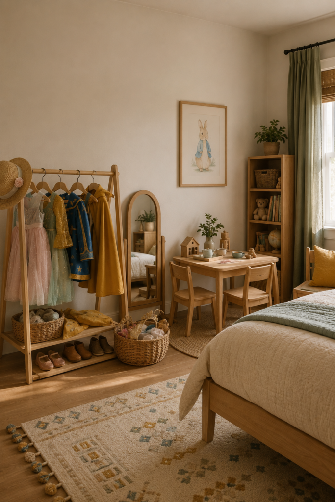 Kids bedroom pretend-play corner with a wooden clothing rack, children's costumes, rounded mirror, woven basket, and small play table.