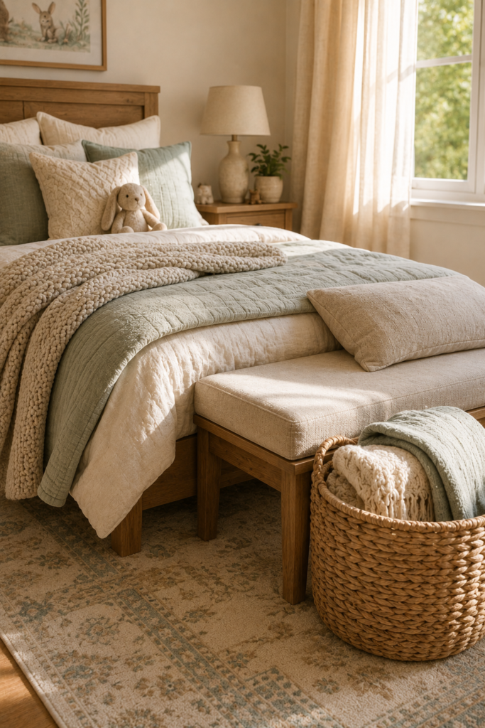 Cozy kids bedroom with layered cream bedding, washable patterned rug, knitted throw, textured pillows, linen curtains, and woven storage.