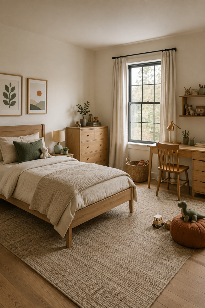 Timeless kids bedroom with a natural oak bed, neutral bedding, versatile dresser, desk, woven rug, books, and adaptable decor.
