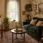 Cozy vintage apartment with an emerald velvet loveseat, Persian-style rug, antique brass lighting, vintage frames, warm wood furniture, and layered decor