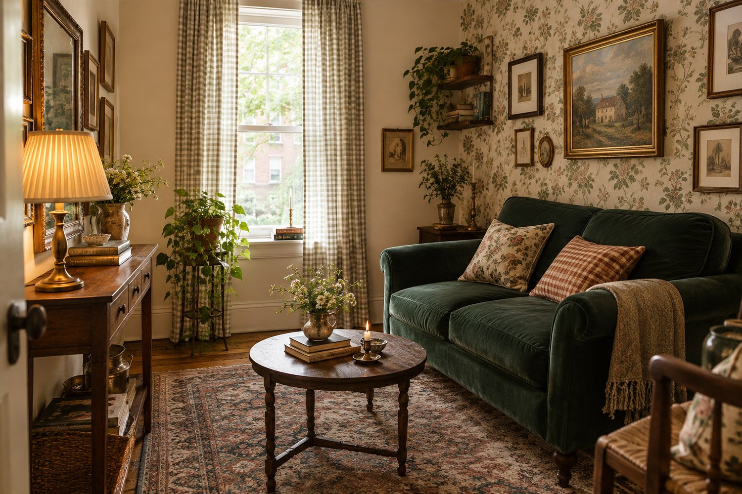 Cozy vintage apartment with an emerald velvet loveseat, Persian-style rug, antique brass lighting, vintage frames, warm wood furniture, and layered decor