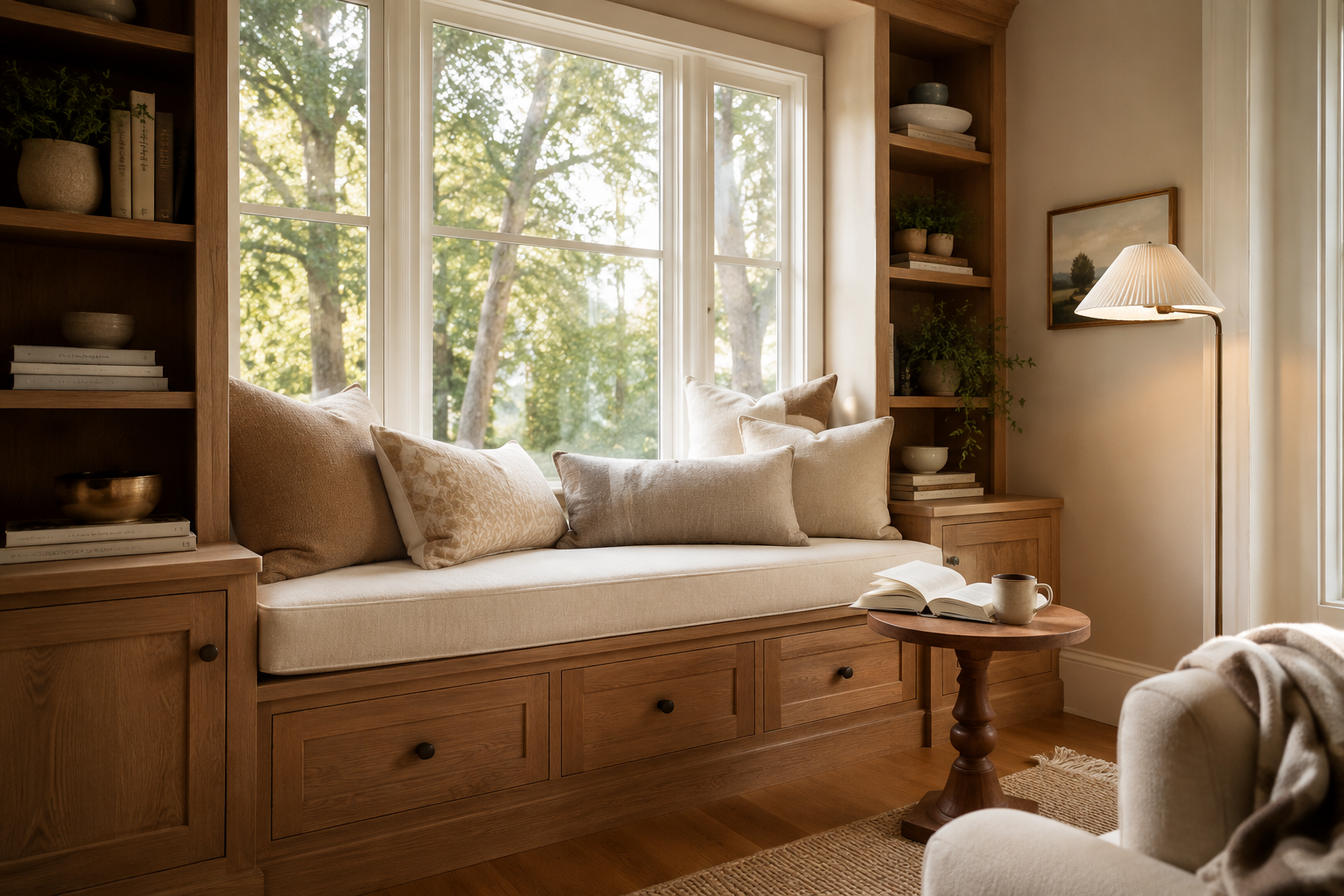 Cozy DIY wooden window seat with a cream cushion, built-in storage, bookshelves, and warm natural light.