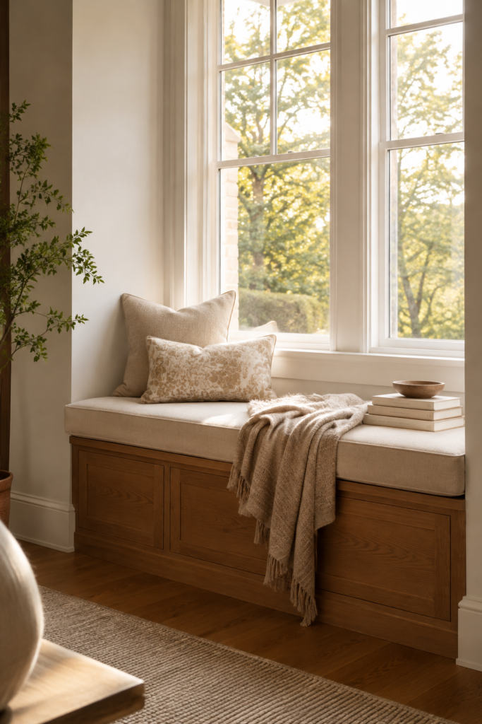 Classic DIY wooden window bench with a cream cushion, pillows, books, and warm natural light.