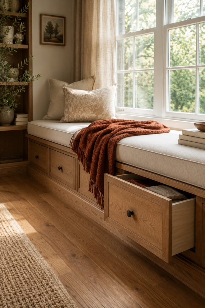 Built-in window seat with hidden oak storage drawers, cream cushion, pillows, and a cozy throw.d