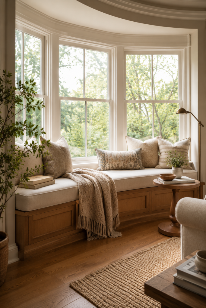 Cozy bay window reading nook with a built-in cushion, pillows, books, side table, and reading lamp.