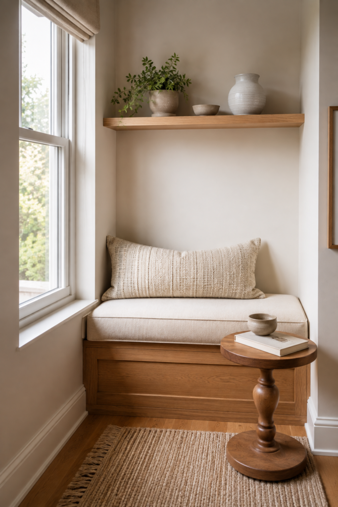 Compact window nook with a narrow oak bench, cream cushion, floating shelf, and small side table.