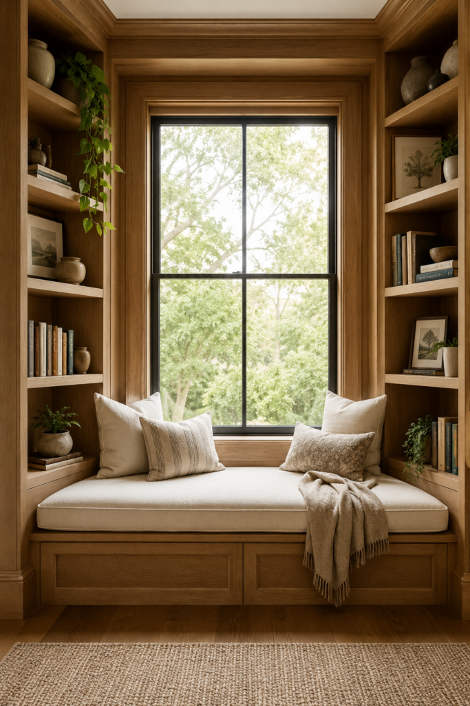 Built-in window bench surrounded by oak bookshelves filled with books, ceramics, artwork, and plants.