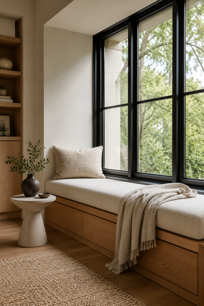 Modern natural oak window seat with a cream cushion, minimal decor, and large black-framed windows.