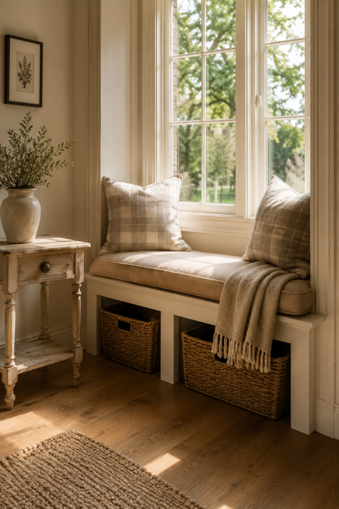 Farmhouse-style window bench with a linen cushion, plaid pillows, woven baskets, and warm wood flooring.