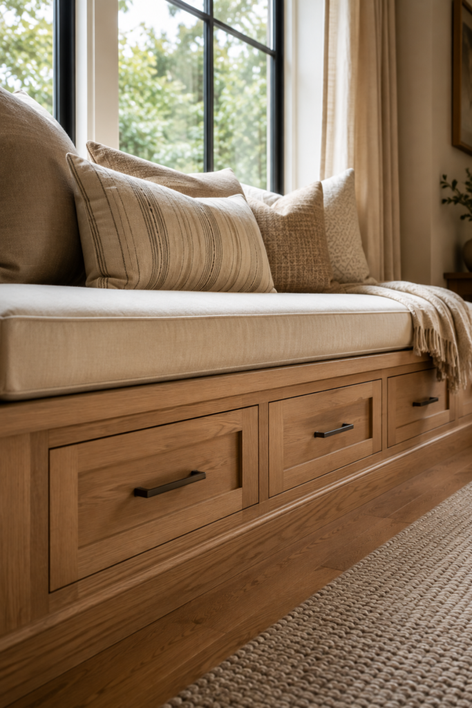 Custom window bench with multiple storage drawers, brass hardware, cream cushion, and linen curtains.
