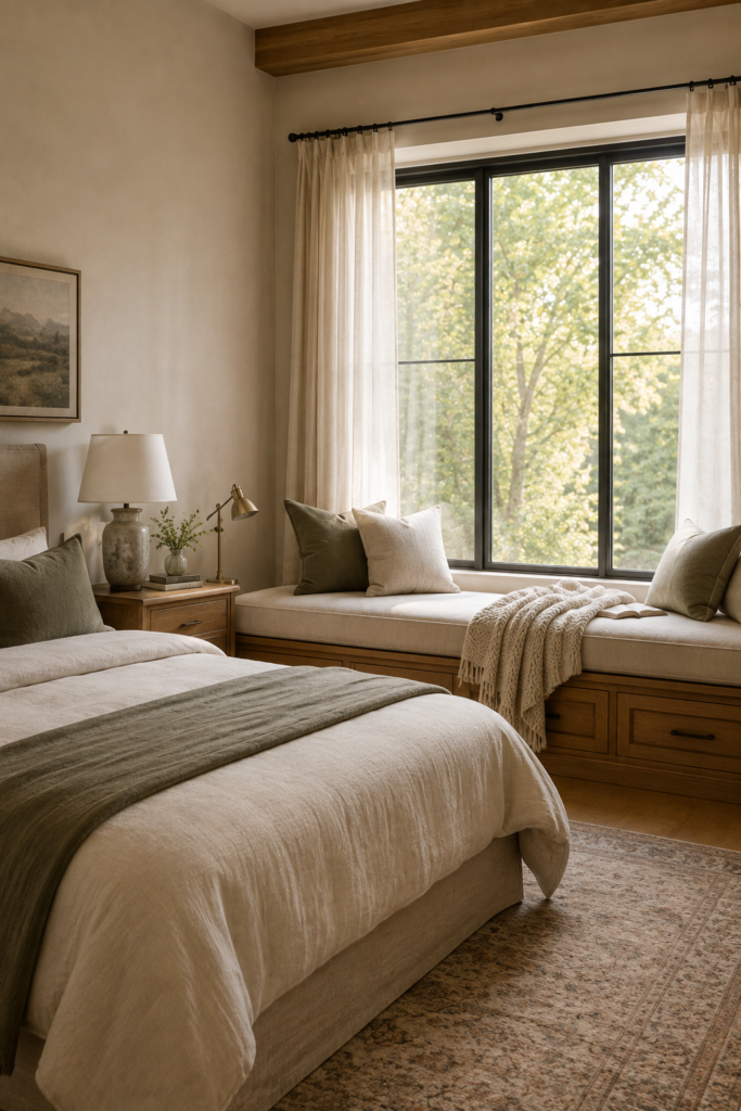 Cozy bedroom window seat with cream linen cushions, sage pillows, a throw, and soft morning light.
