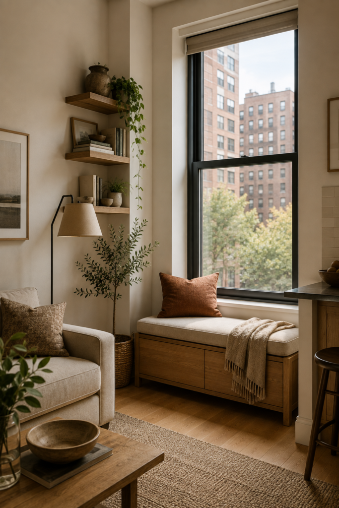 Apartment-friendly window nook with a freestanding wood bench, cream cushion, shelves, and floor lamp.