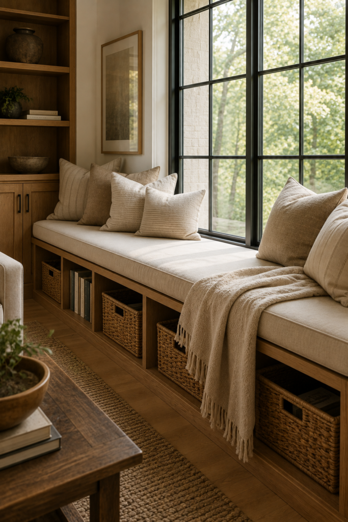 Window bench with open storage cubbies, woven baskets, cream cushion, pillows, and natural oak.