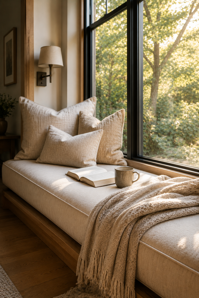 Deep cushioned window seat styled for lounging with layered pillows, a throw, book, and ceramic mug.