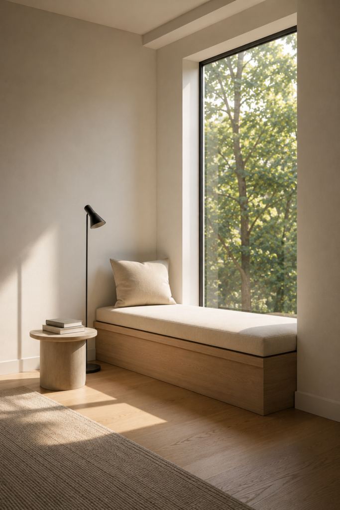 Minimalist window reading corner with a pale oak bench, ivory cushion, books, and simple reading lamp.