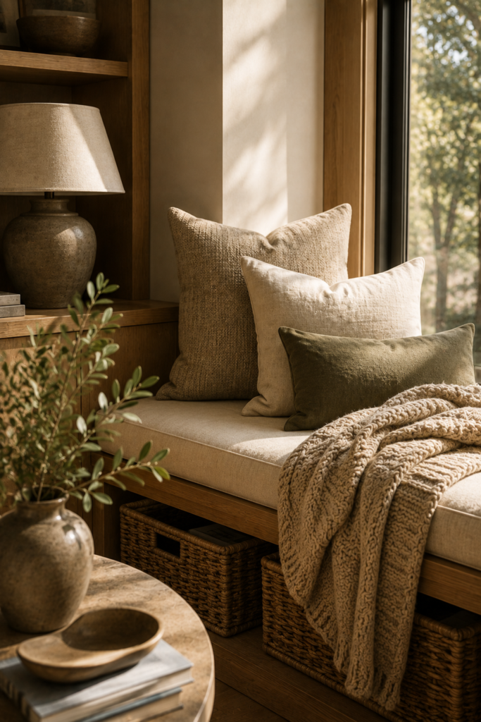 Warm window seat styled with natural oak, linen, woven baskets, wool textures, and handmade ceramics.