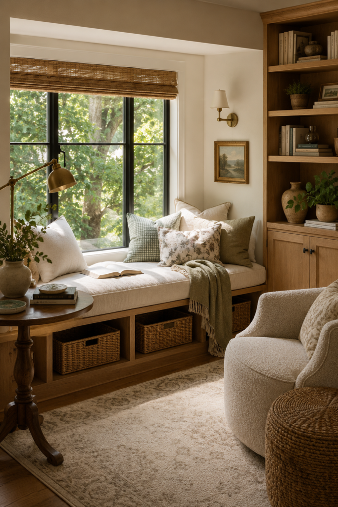 Complete cozy window-seat reading retreat with built-in storage, bookshelves, reading lamp, books, and soft textiles.