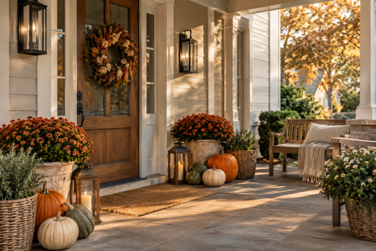 Elegant American front porch decorated for fall with pumpkins, chrysanthemums, a seasonal wreath, woven baskets, lanterns, and a cozy wooden bench.
