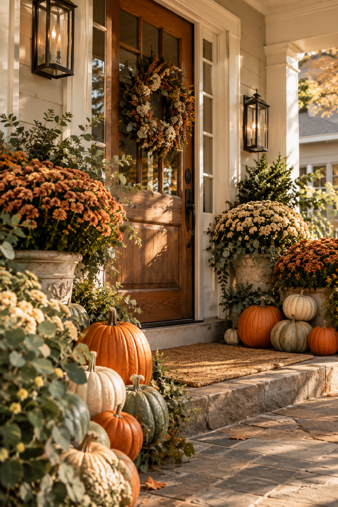 Classic fall front porch decorated with pumpkins and large pots of colorful chrysanthemums around an inviting front door.