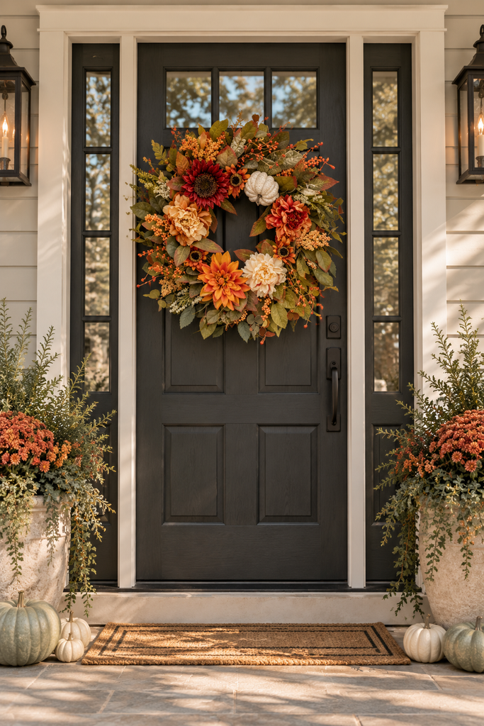 Elegant fall wreath made with dried foliage and wheat decorating a classic American front door with subtle pumpkins and planters.