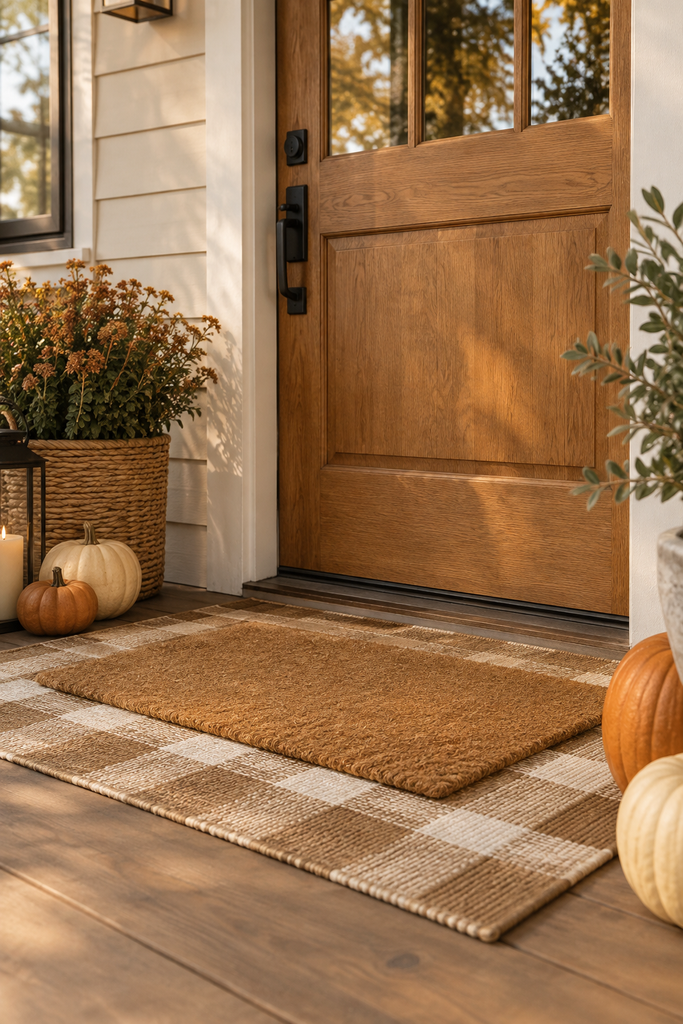 Cozy fall porch entrance featuring a layered neutral outdoor rug and seasonal doormat with pumpkins and natural planters.