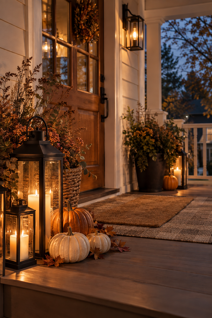 Cozy fall porch with glowing lanterns, pumpkins, dried foliage, and warm evening lighting beside the front door.