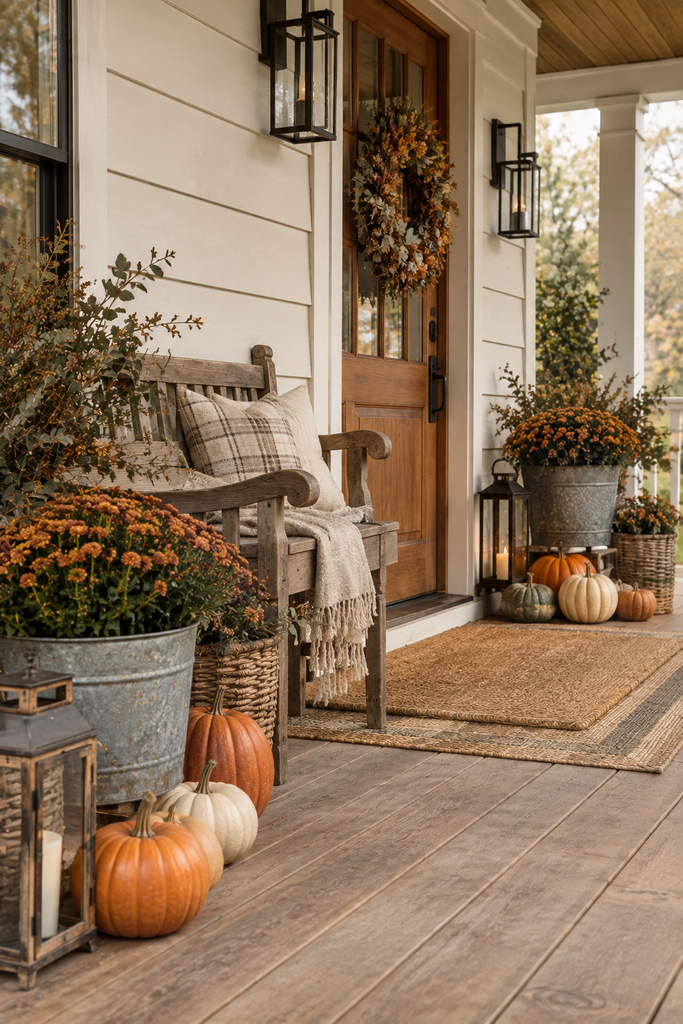 Rustic farmhouse fall porch with a wooden bench, pumpkins, chrysanthemums, woven baskets, crates, and natural seasonal textures.